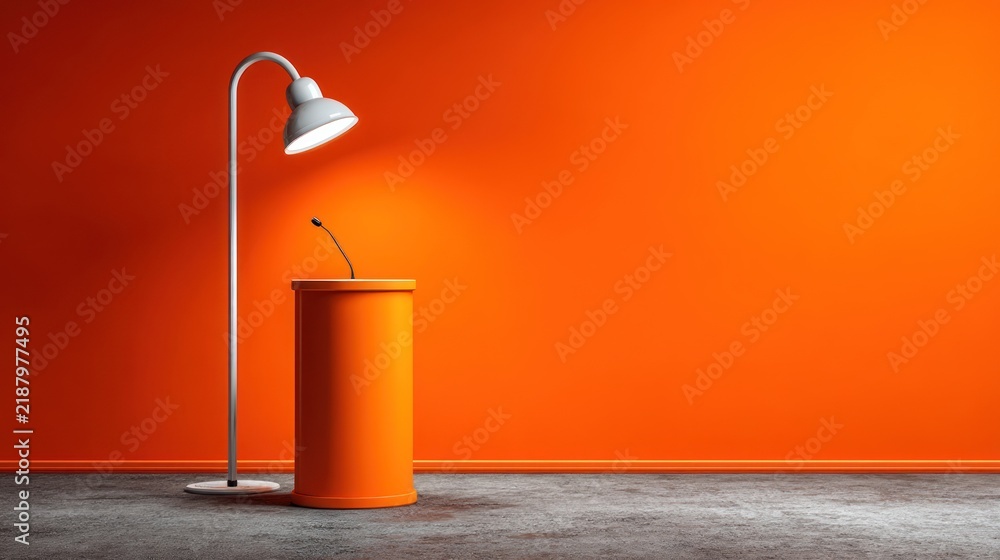 Obraz premium Modern Orange Floor Lamp and Podium in Minimalist Room