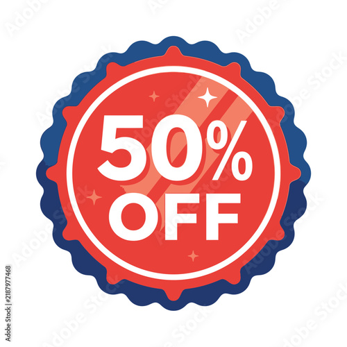 Red and blue 50 percent off discount sale badge.