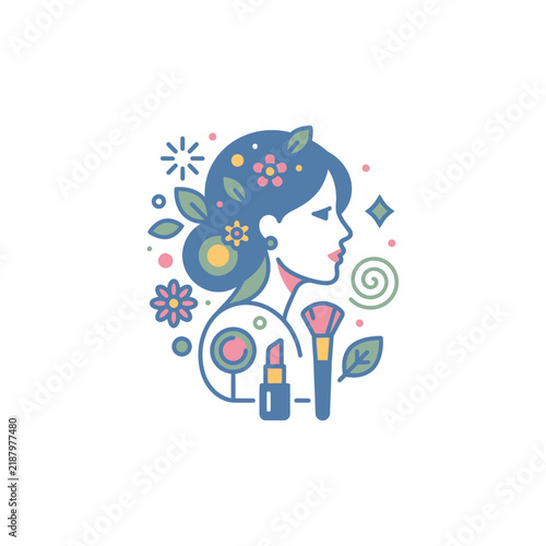 Decorative beauty concept illustration with woman and cosmetics.