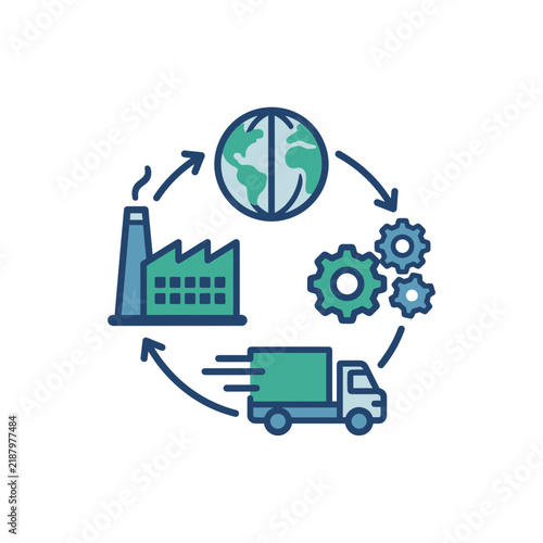 Circular global logistics icon with factory and truck.