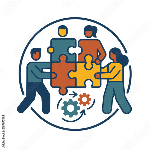 People connecting large jigsaw puzzle pieces.