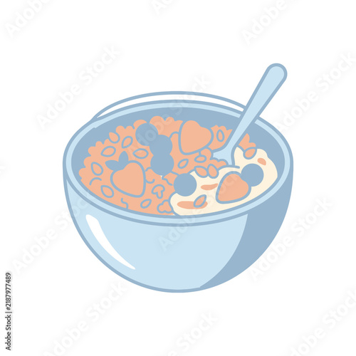 Bowl of muesli cereal with milk and fruit.