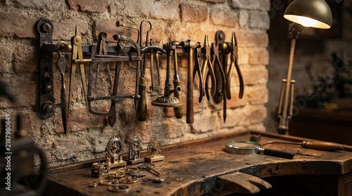 Vintage watchmaker workshop with tools and workbench
