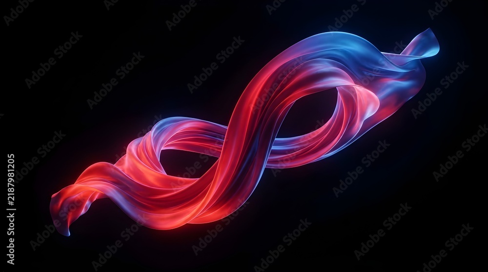 Obraz premium Abstract flowing silk fabric with vibrant red and blue gradient lighting, forming an elegant infinity loop shape against a deep black background, 3d render, high resolution artistic wave