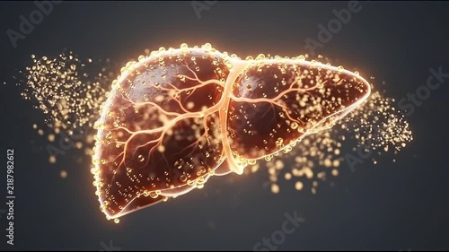Fatty Liver Visceral Fat Anatomy Medical Illustration Showing Organ Disease and Metabolism Through Dramatic Internal Health Visualization Against Dark Background