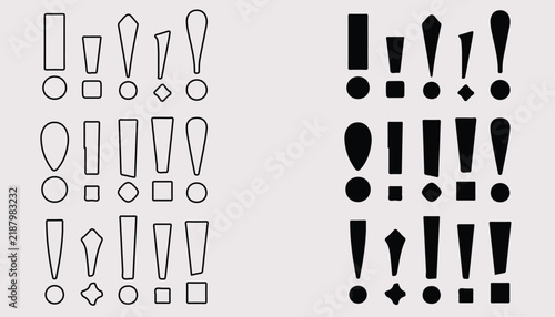 Stylized Exclamation Mark Icon Collection with Outline and Solid Black Shapes