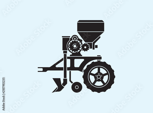 Minimalist side silhouette of a precision planter mechanism with hopper and nozzle on white