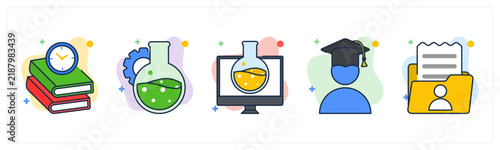 A set of 5 mix icons as study time, Laboratory, Computer Lab