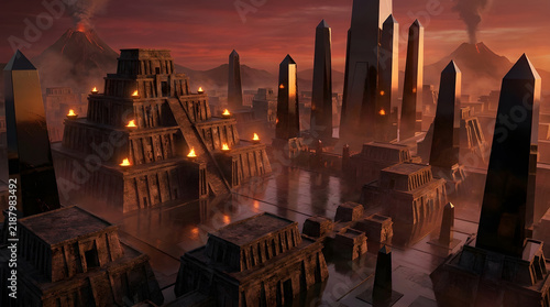 Ancient Egyptian City at Sunset with Obelisks and Pyramids.