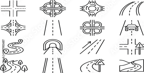 Road junction and highway infrastructure line icon set featuring intersection roundabout tunnel cloverleaf path navigation symbols.eps