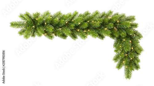 L-shaped artificial Christmas garland with warm LED fairy lights isolated on a white background