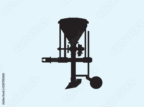 Seed planting mechanism with hopper and nozzle shown in clean side silhouette on white background