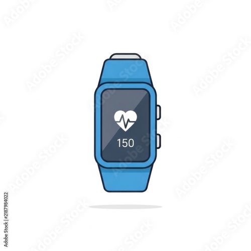 Blue smartwatch with heart rate monitor display showing pulse and number on white background
