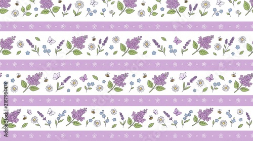 Seamless pattern with purple lilac flowers and horizontal stripes