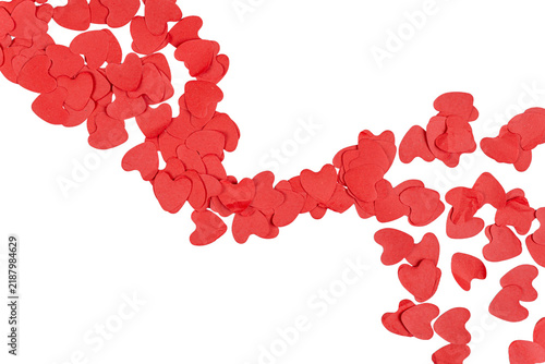 Red paper heart confetti scattered diagonal trail love celebration isolated on transparent background valentine