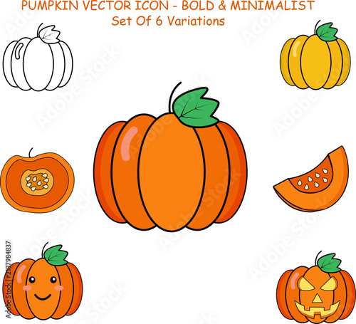 Pumpkin Vector Icon Set, Minimal Flat Pumpkin Illustrations with Jack-O-Lantern, Sliced and Line Art Variations