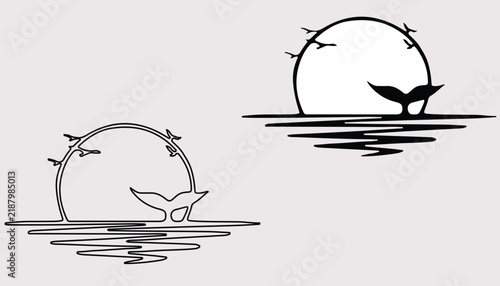 Minimalist whale tail sunset vector icon set with ocean waves and flying birds