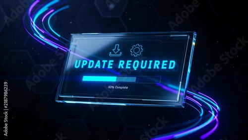 Futuristic update required notification displayed on a glowing digital interface background