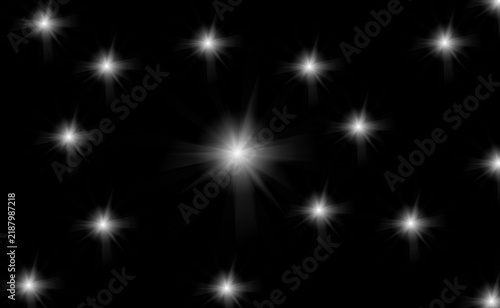 Sparkling white star lens flare on black background, glowing starlight effect with bright light bursts, celestial night sky pattern, elegant glitter overlay for cinematic design projects