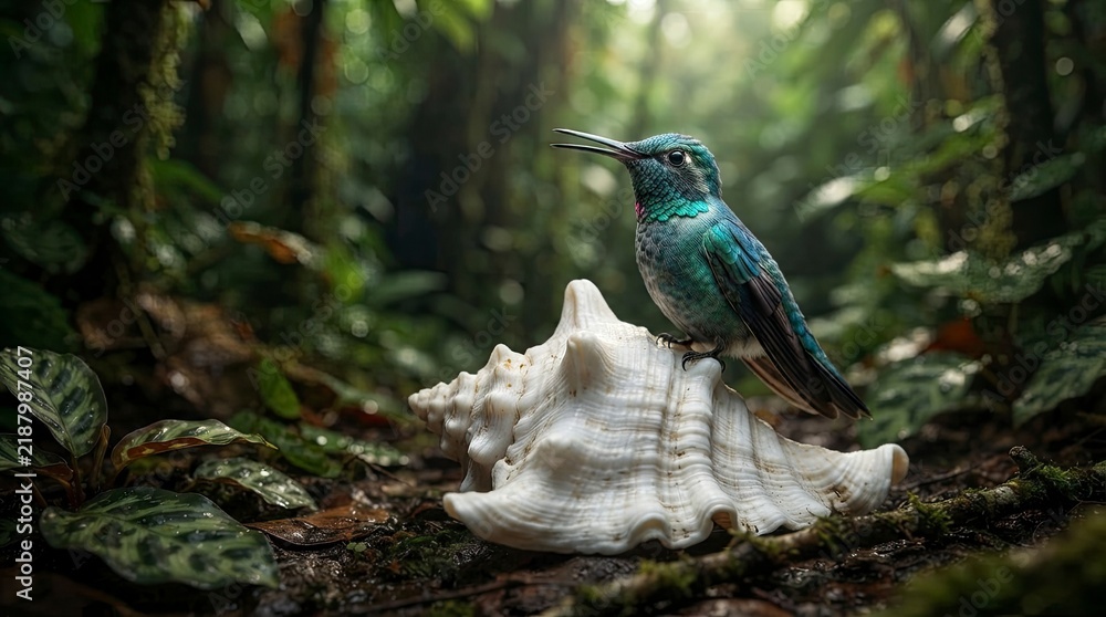 Obraz premium Hummingbird perched on a seashell in tropical rainforest