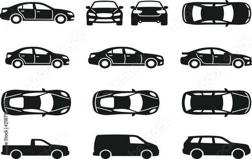 Car vector icon set showing side front back top view sedan suv pickup van vehicle perspective symbols.eps