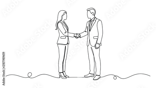 Continuous line drawing of two business people shaking hands, minimalist professional agreement and cooperation illustration emphasizing connection and partnership isolated on white background
