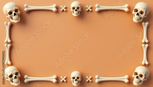 Halloween skull and bone frame on orange background, spooky skeleton border for holiday invitations, creepy anatomical skull layout