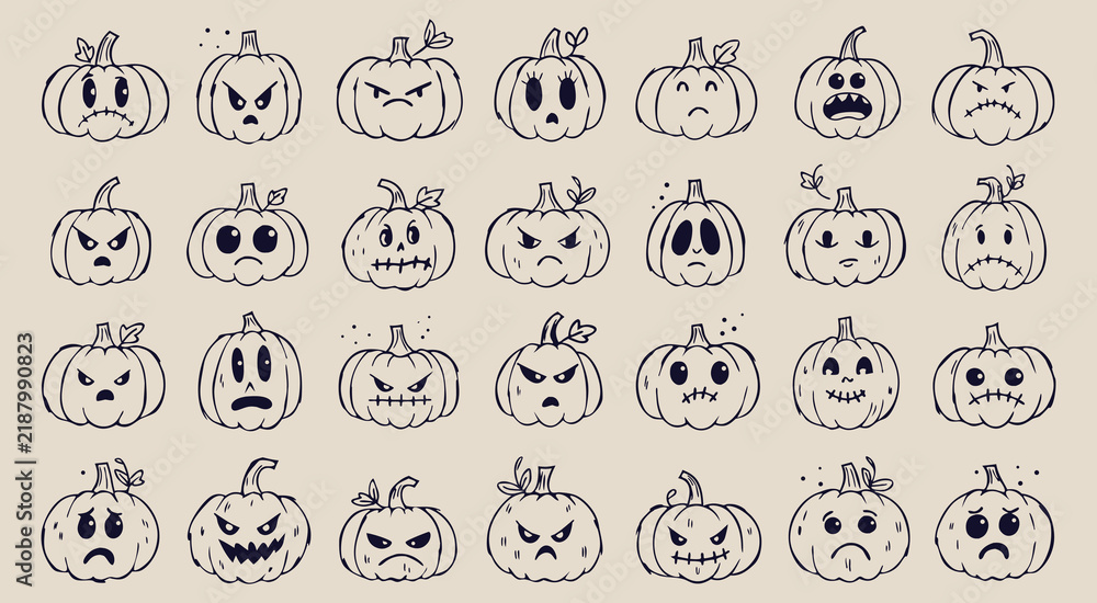 Fototapeta premium Hand drawn pumpkin expressions and spooky face vector set
