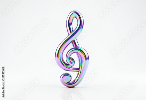 A beautiful iridescent treble clef musical symbol rendered in a glossy three dimensional style on white background