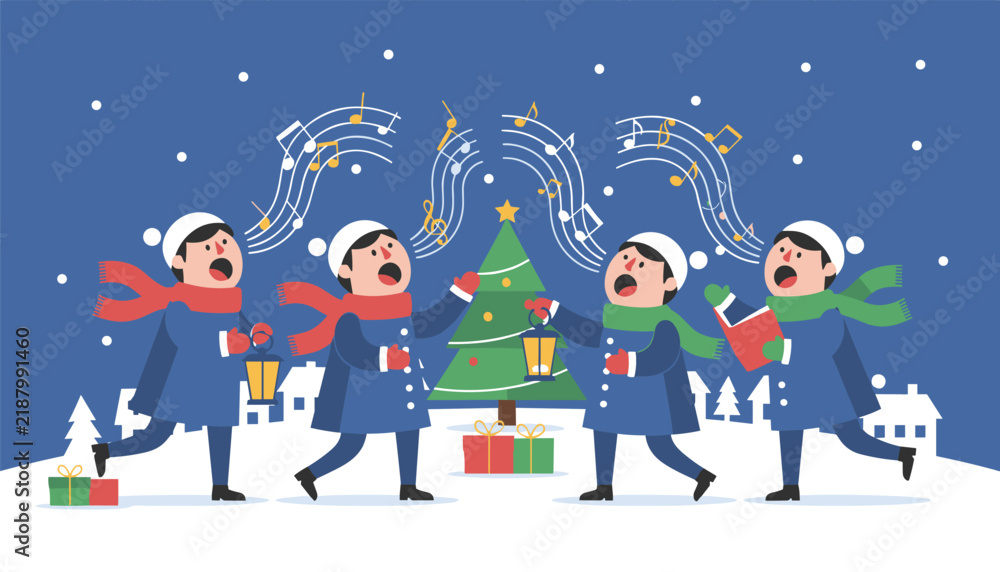 Fototapeta premium Group of happy children singing Christmas carols together around a decorated tree in a snowy winter village.