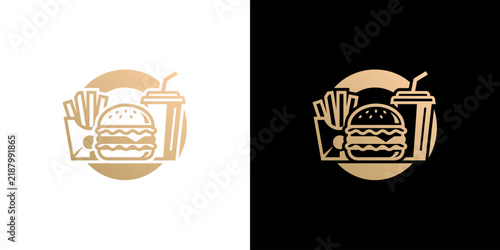 Luxury Gold Outline Fast Food Set Icon on Dark and Light Backgrounds