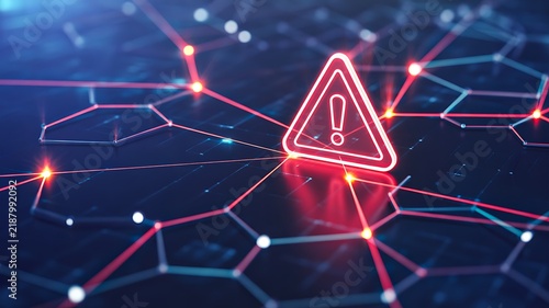 Cybersecurity warning symbol on interconnected digital network representing online security threat