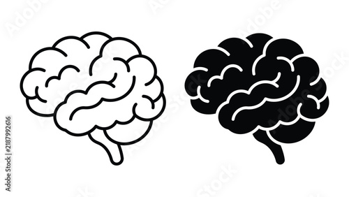 Stylized human brain icon set featuring solid black silhouette and outlined contour variation with detailed folds, minimalist medical and psychology design isolated on white background
