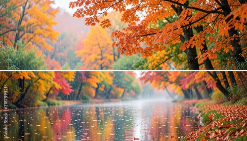 A beautiful split view of a vibrant autumn forest with colorful leaves reflecting in a calm river