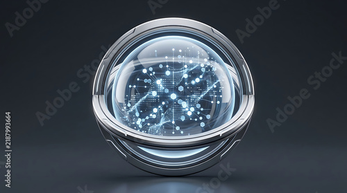 Close-up of a glass sphere with glowing blue particles inside