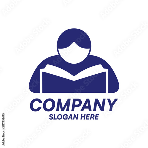 Minimalist logo design of a person reading a book