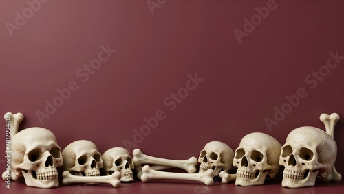 Spooky human skulls and bones on dark red background. Macabre Halloween skeletons, gothic horror concept, anatomical bone collection.