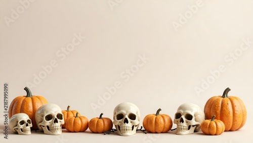 Halloween spooky skulls and orange pumpkins, festive autumn holiday arrangement, creepy skull decor with seasonal gourds