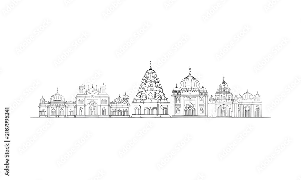 Obraz premium Temple Complex - A group of buildings with domes, outlined in black on a white background grand and spiritual neutral