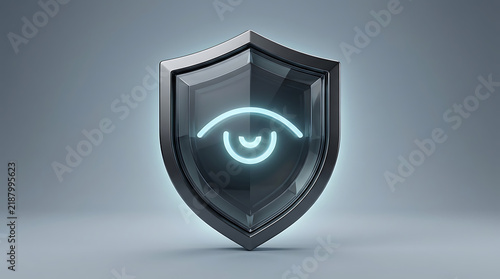Futuristic digital shield with glowing eye symbol for cybersecurity