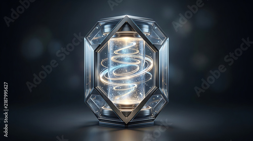 Futuristic transparent capsule with glowing spiral inside, high-tech design