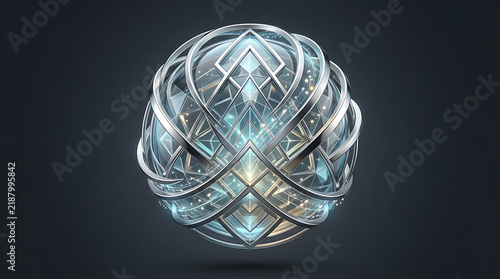 Futuristic metallic sphere with intricate geometric design and glowing accents