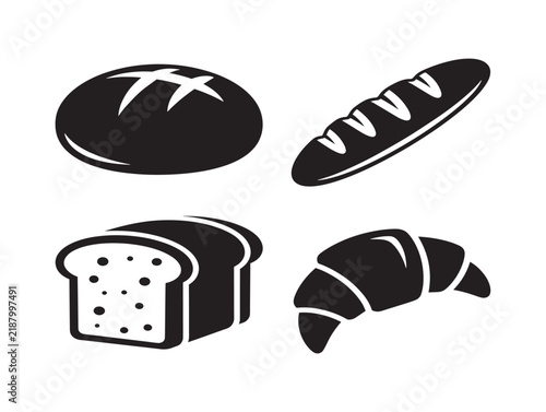 Set of four black bread icons including baguette, croissant, loaf and round bread roll