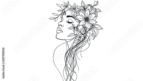 Female profile line art adorned with delicate blooming flowers and leaves in a minimalist black and white aesthetic.