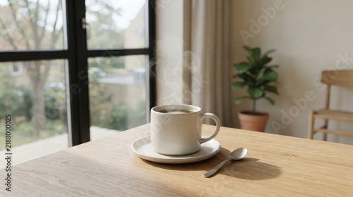 Hot Cup of Coffee on Wooden Table with Saucer and Spoon, Cozy Morning Breakfast Beverage Scene Near Window in Modern Kitchen