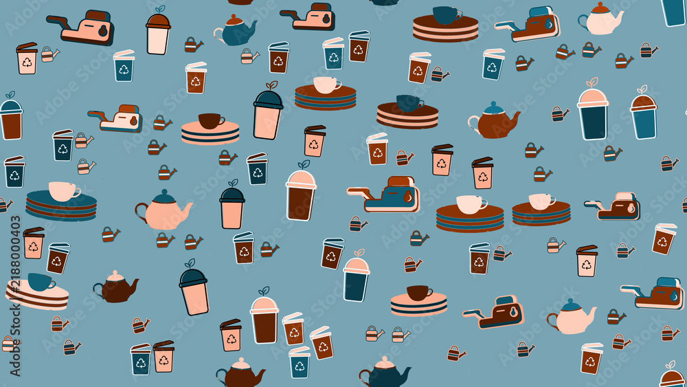 Seamless pattern of teapots, cups, toasters, and disposable cups