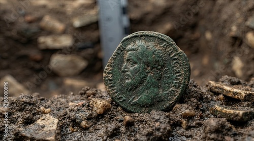 Ancient Roman coin found in an archaeological excavation site