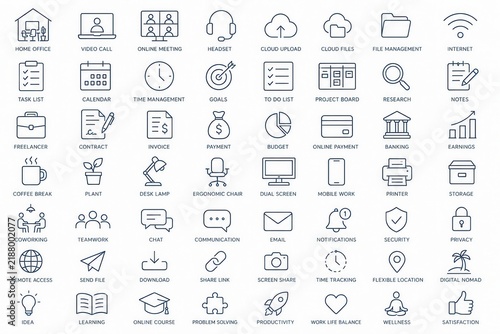 Remote work productivity icon set on white background