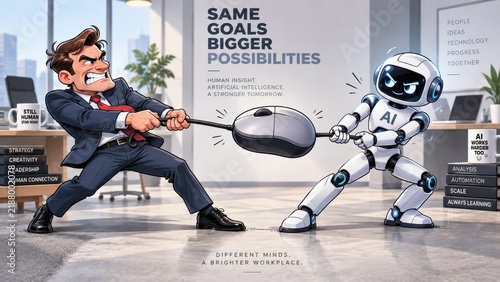 Businessman tugging against robot in office concept