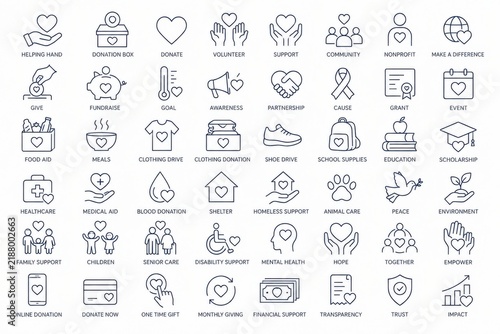 Charity donation icon set with support and giving concepts